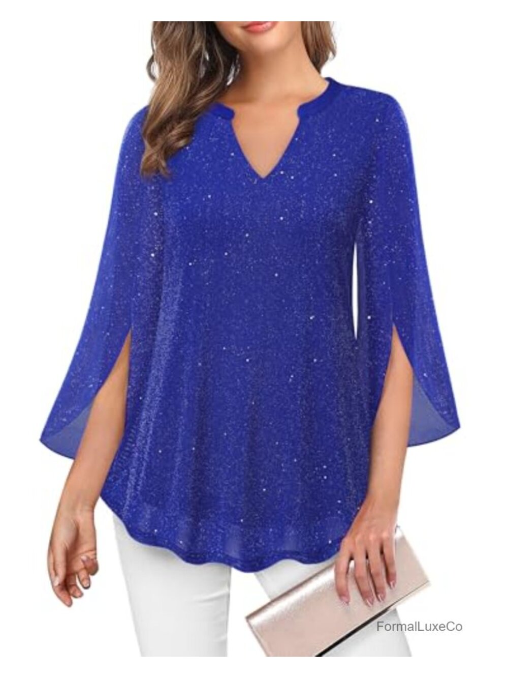 Womens 3/4 Sleeve Floral Tunic Top V Neck Double Layer Mesh Blouse